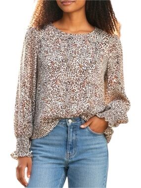 Adrianna Papell Sz MEDIUM Animal Print Leopard Cheetah Smocked Cuff Blouse Top